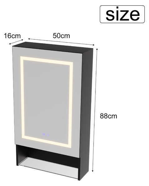 Zrcadlová skříňka Moonbite LED 50 cm s ochranou proti zamlžování a spodní policí, černá