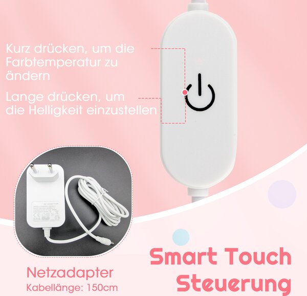 Dětský toaletní stolek COSTWAY 2 v 1, toaletní stolek s LED osvětlením, sklopným zrcadlem a zásuvkami (bílý)