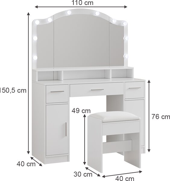 Toaletní stolek Vicco Lumira Bílá 110 cm se zrcadlem LED a stoličkou, Model 54731