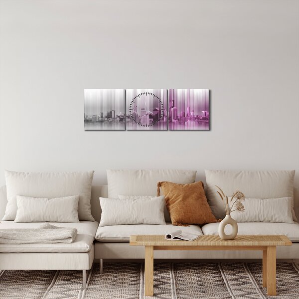 Obraz - Panorama města, růžovo-šedé (s hodinami) (90x30 cm)