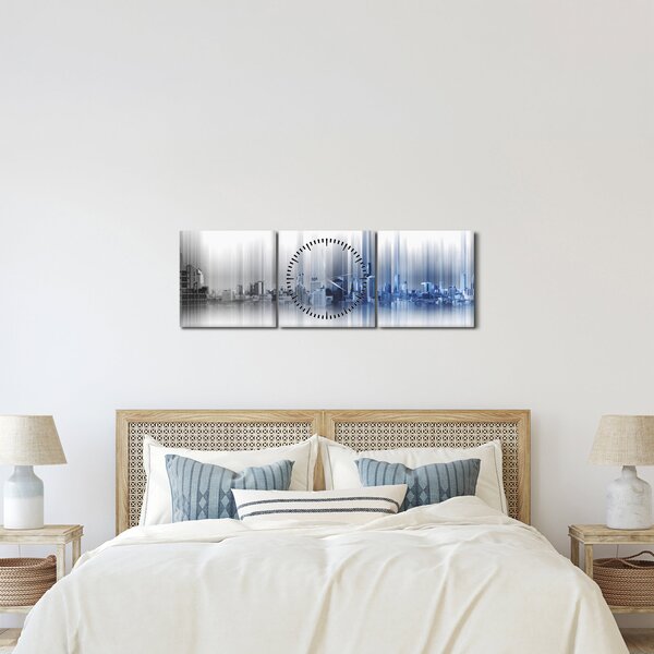 Obraz - Panorama města, modro-šedé (s hodinami) (90x30 cm)