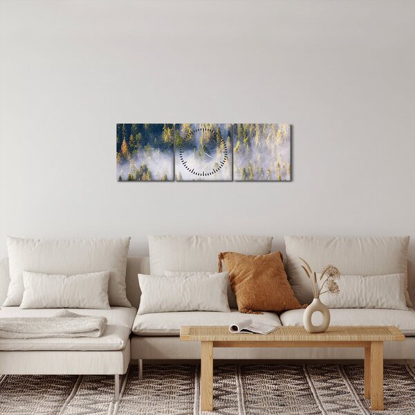 Obraz stromů v mlze (s hodinami) (90x30 cm)