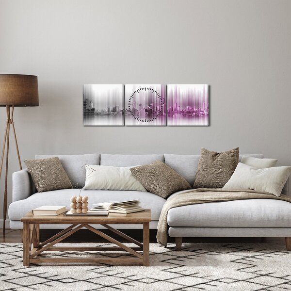 Obraz - Panorama města, růžovo-šedé (s hodinami) (90x30 cm)