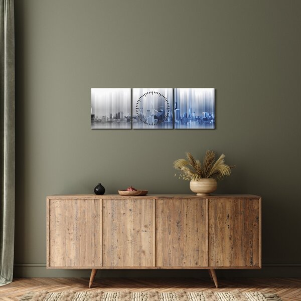 Obraz - Panorama města, modro-šedé (s hodinami) (90x30 cm)