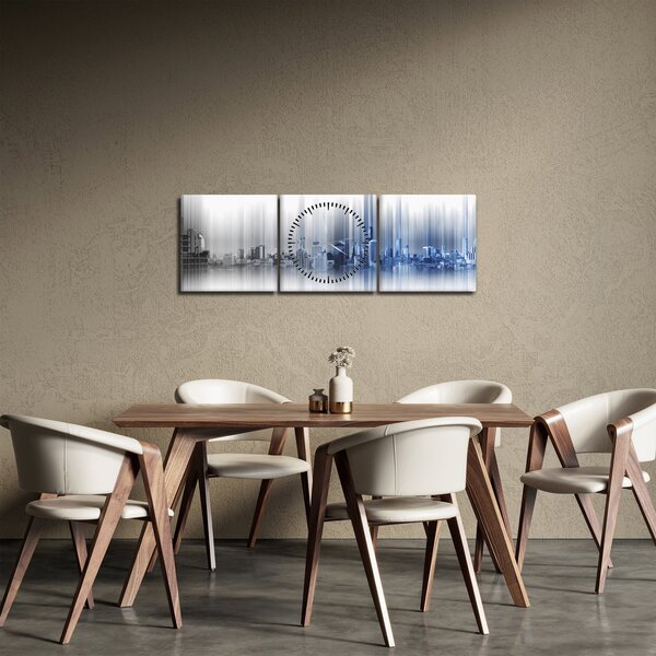Obraz - Panorama města, modro-šedé (s hodinami) (90x30 cm)