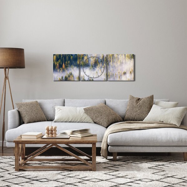 Obraz stromů v mlze (s hodinami) (90x30 cm)