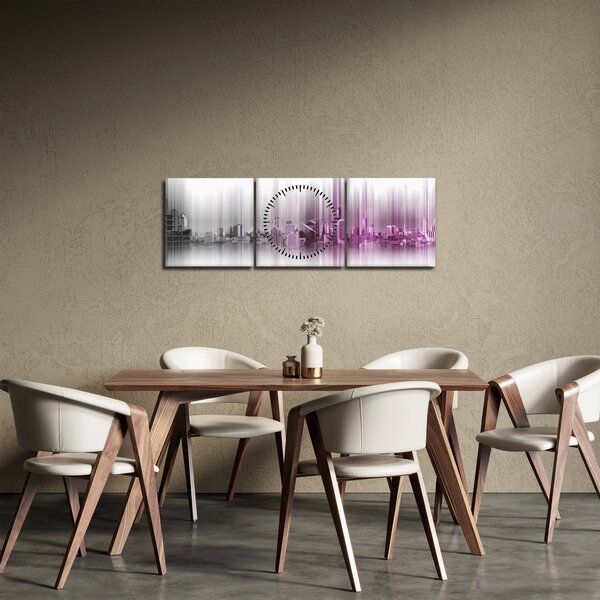 Obraz - Panorama města, růžovo-šedé (s hodinami) (90x30 cm)