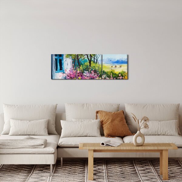 Obraz zahrádky před domem, olejomalba (s hodinami) (90x30 cm)