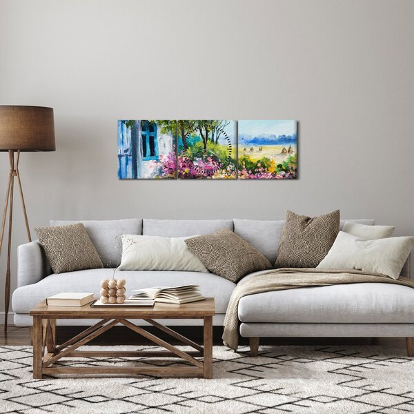Obraz zahrádky před domem, olejomalba (s hodinami) (90x30 cm)
