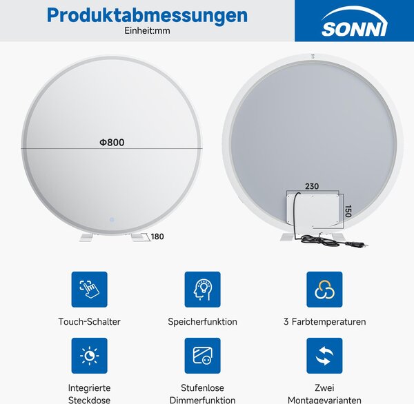 SONNI 80 x 80 x 3,5 cm Bílé kulaté toaletní zrcadlo s LED osvětlením a zásuvkou na stěnu