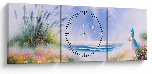 Obraz - Romantická pláž, olejomalba (s hodinami) (90x30 cm)