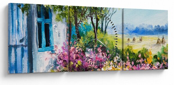 Obraz zahrádky před domem, olejomalba (s hodinami) (90x30 cm)