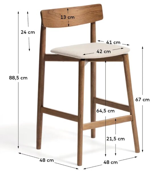 Kave Home Hnědá dřevěná barová židle Evera 67 cm s čalouněným sedákem a opěradlem