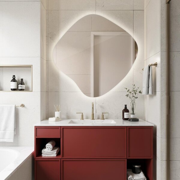 Designové LED zrcadlo 57×57,7 cm – tvar ledviny, organický styl s LED osvětlením – elegantní dekorativní zrcadlo do ložnice a koupelny – designové zrcadlo, koupelnové zrcadlo
