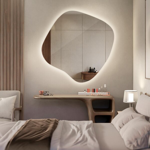 Designové LED zrcadlo 57×57,7 cm – tvar ledviny, organický styl s LED osvětlením – elegantní dekorativní zrcadlo do ložnice a koupelny – designové zrcadlo, koupelnové zrcadlo