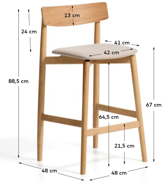 Kave Home Dřevěná barová židle Evera 67 cm s čalouněným sedákem a opěradlem