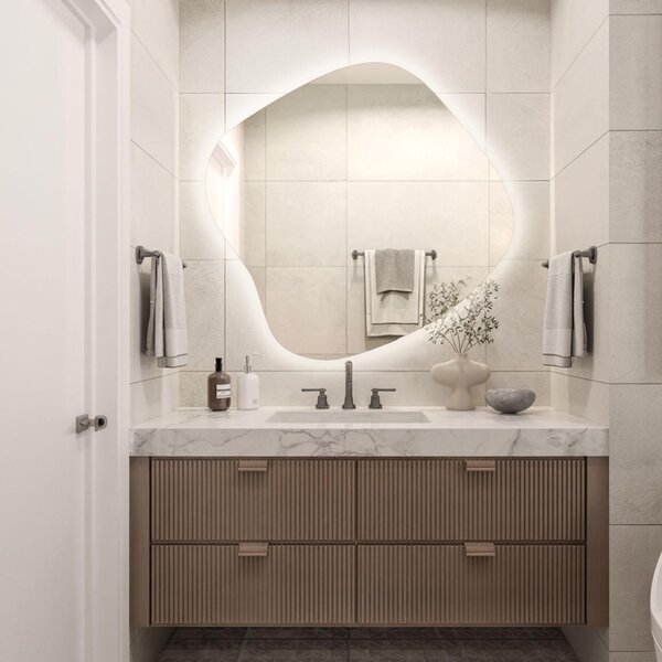 Designové LED zrcadlo 57×57,7 cm – tvar ledviny, organický styl s LED osvětlením – elegantní dekorativní zrcadlo do ložnice a koupelny – designové zrcadlo, koupelnové zrcadlo