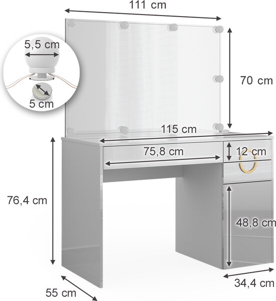 Toaletní stolek Vicco Adela Bílá 115 cm s LED osvětlením, Model 40858