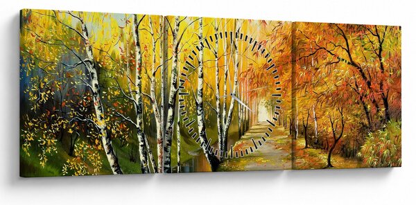 Obraz - Romantická alej podél vody, olejomalba (s hodinami) (90x30 cm)