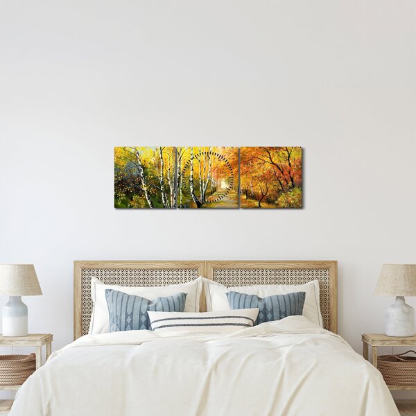 Obraz - Romantická alej podél vody, olejomalba (s hodinami) (90x30 cm)