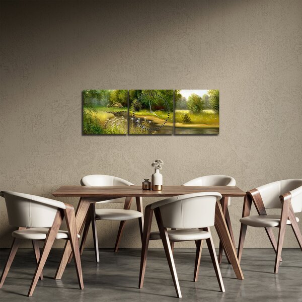 Obraz - Řeka u lesa, olejomalba (s hodinami) (90x30 cm)