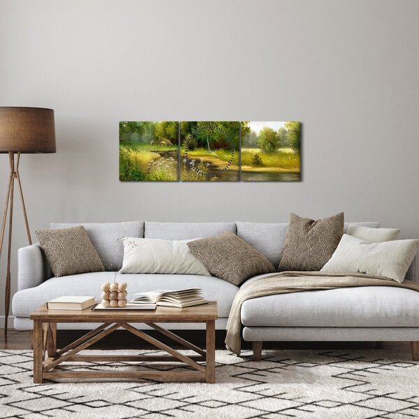 Obraz - Řeka u lesa, olejomalba (s hodinami) (90x30 cm)