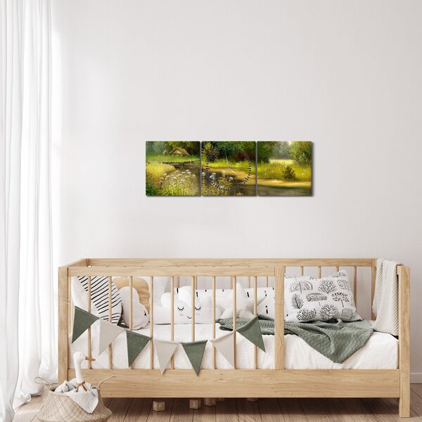 Obraz - Řeka u lesa, olejomalba (s hodinami) (90x30 cm)