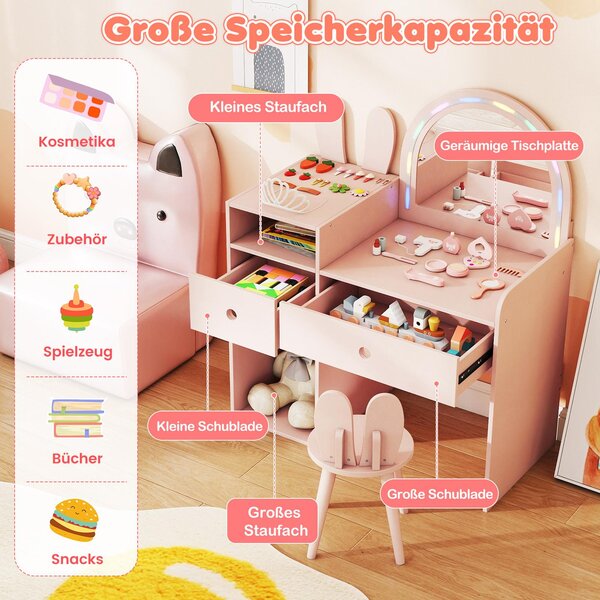 Dětský kosmetický stolek COSTWAY, toaletní stolek se 2 zásuvkami, LED světly a stoličkou, dětský kosmetický stolek, kosmetický stolek pro děti od 3 let, růžový