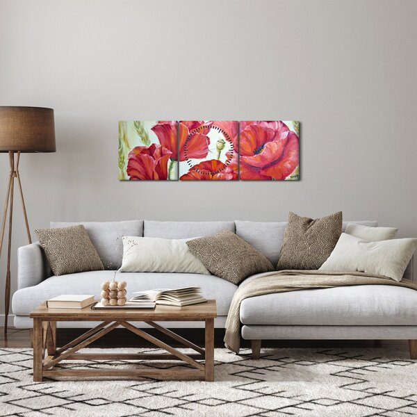 Obraz - Květy vlčích máků (s hodinami) (90x30 cm)