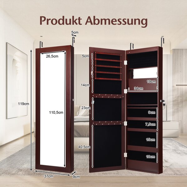 COSTWAY 120cm skříňka na šperky se zrcadlem po celé délce a vestavěným zrcadlem na líčení, zrcadlová skříňka na šperky, prsteny, náhrdelníky a náušnice (hnědá)