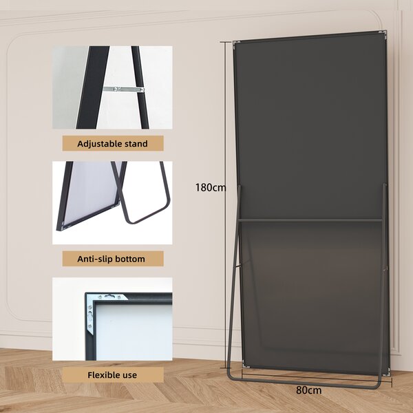 Obdélníkové kosmetické zrcadlo z tvrzeného skla, černý hliníkový rám, 1800x800 mm, moderní, elegantní design