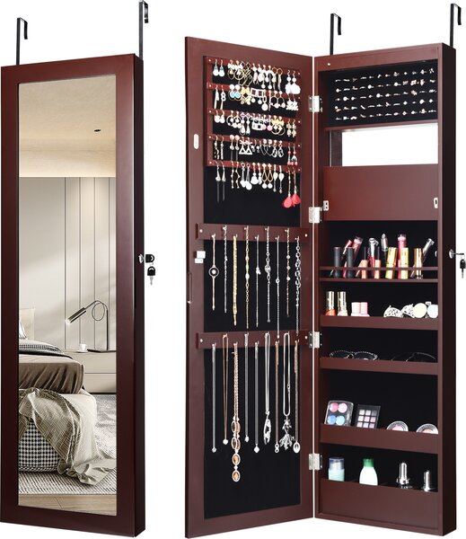 COSTWAY 120cm skříňka na šperky se zrcadlem po celé délce a vestavěným zrcadlem na líčení, zrcadlová skříňka na šperky, prsteny, náhrdelníky a náušnice (hnědá)
