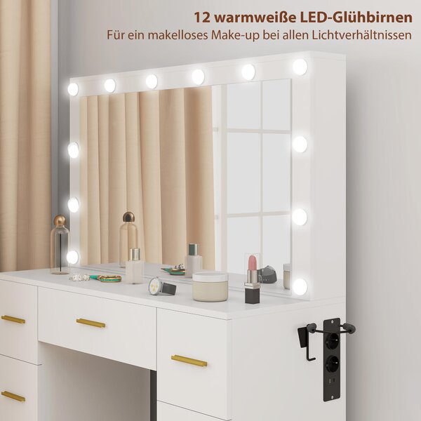 Toaletní stolek HOMCOM s LED osvětlením, kosmetický stolek se zrcadlem a 7 zásuvkami, bílý