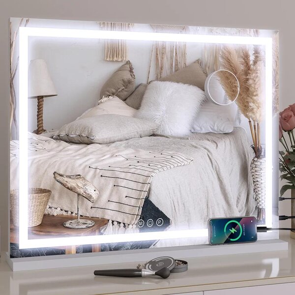 Zrcadlo do koupelny, kosmetické zrcadlo, 58x45 cm, zrcadlo ve stylu Hollywood, s regulovatelným LED osvětlením, 3 barvy, 2 v 1: stolní i nástěnné, obdélníkové