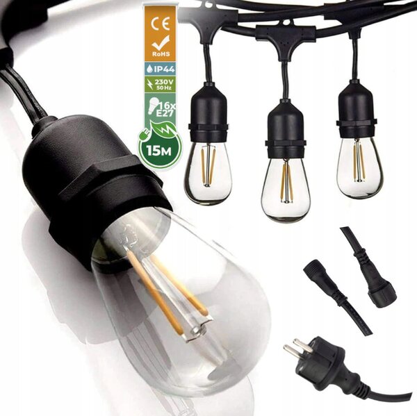 BERGE Zahradní girlanda 15m + 16x 1W LED žárovka