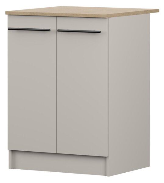 Spodní skříňka INEZ VI, kuchyň, dvoudveřová kuchyňská skříňka 60 cm, barva kašmír/kamenný dub, se dvěma křídlovými dvířky a černými kovovými úchytkami