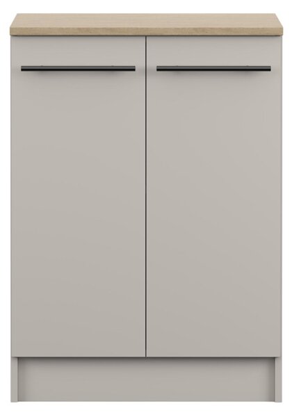 Spodní skříňka INEZ VI, kuchyň, dvoudveřová kuchyňská skříňka 60 cm, barva kašmír/kamenný dub, se dvěma křídlovými dvířky a černými kovovými úchytkami