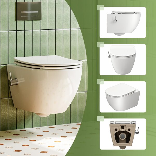 Kompletní předstěnový sprchový WC set - 82cm splachovací nádržka + závěsné WC Taharet s funkcí bidetu + obdélníková chromovaná deska HOROW