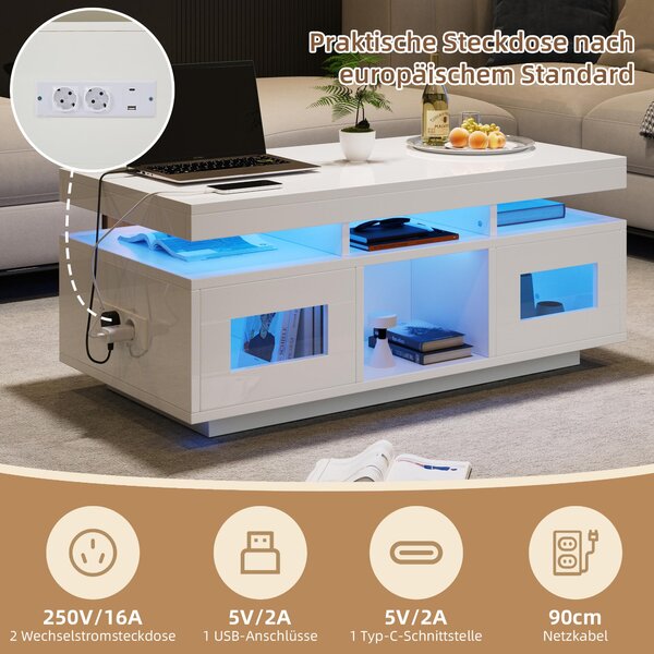 Lesklý bílý konferenční stolek 100 × 50 × 43 cm, LED diody ovládatelné pomocí aplikace, skříňka, nabíjecí port/zásuvka, stolek do obývacího pokoje/k pohovce, vhodný do kanceláře