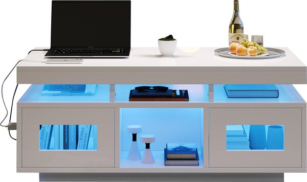 Lesklý bílý konferenční stolek 100 × 50 × 43 cm, LED diody ovládatelné pomocí aplikace, skříňka, nabíjecí port/zásuvka, stolek do obývacího pokoje/k pohovce, vhodný do kanceláře