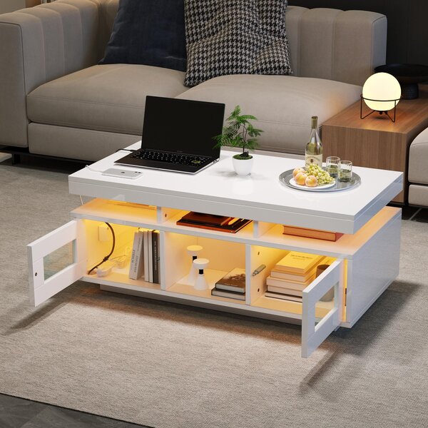 Lesklý bílý konferenční stolek 100 × 50 × 43 cm, LED diody ovládatelné pomocí aplikace, skříňka, nabíjecí port/zásuvka, stolek do obývacího pokoje/k pohovce, vhodný do kanceláře