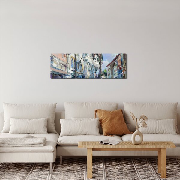 Obraz - Ulička starého města, akrylová malba (s hodinami) (90x30 cm)
