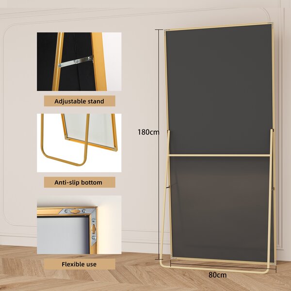 Obdélníkové kosmetické zrcadlo z tvrzeného skla, zlatý hliníkový rám, 1800x800 mm, moderní, elegantní design
