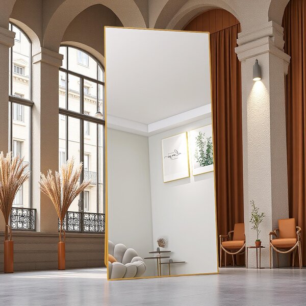 Obdélníkové kosmetické zrcadlo z tvrzeného skla, zlatý hliníkový rám, 1800x800 mm, moderní, elegantní design