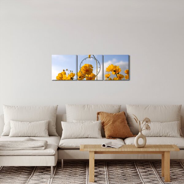 Obraz pole s jasně žlutými květy (s hodinami) (90x30 cm)