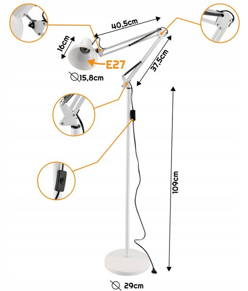 BERGE LED stojací lampa 1xE27 185cm bílá