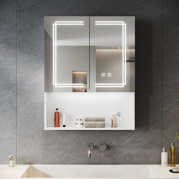 Dvoudveřová zrcadlová skříňka SONNI 60x75x13cm s dvojitým dotykovým spínačem Nastavitelná světlá a tmavá Tři barevné teploty s funkcí proti zamlžování