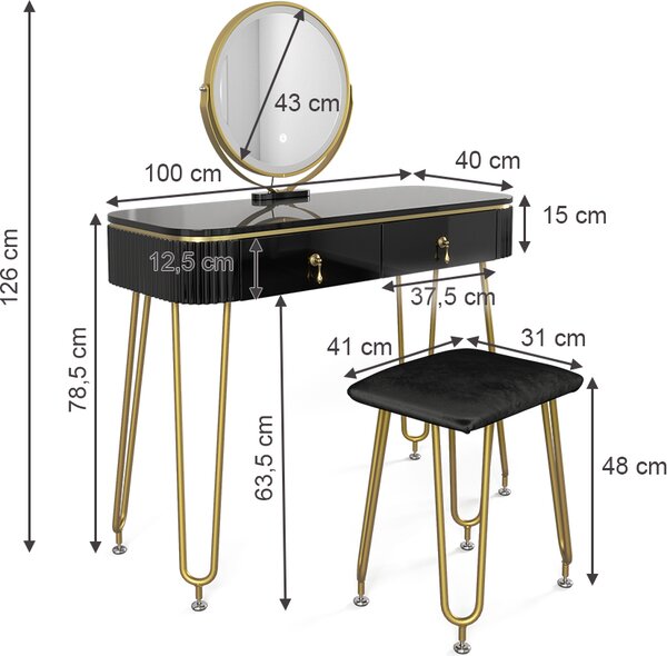Toaletní stolek Vicco Grace Černá 100 cm s LED osvětlením a taburetem, Model 39569