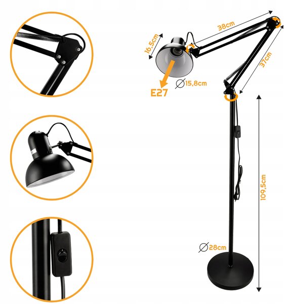 BERGE LED stojací lampa E27 185cm - BERLIN