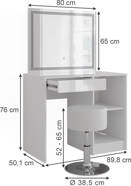 Toaletní stolek Vicco Sherry Bílá/bílý vysoký lesk 89.8 cm s LED zrcadlem a stoličkou, Model 57681